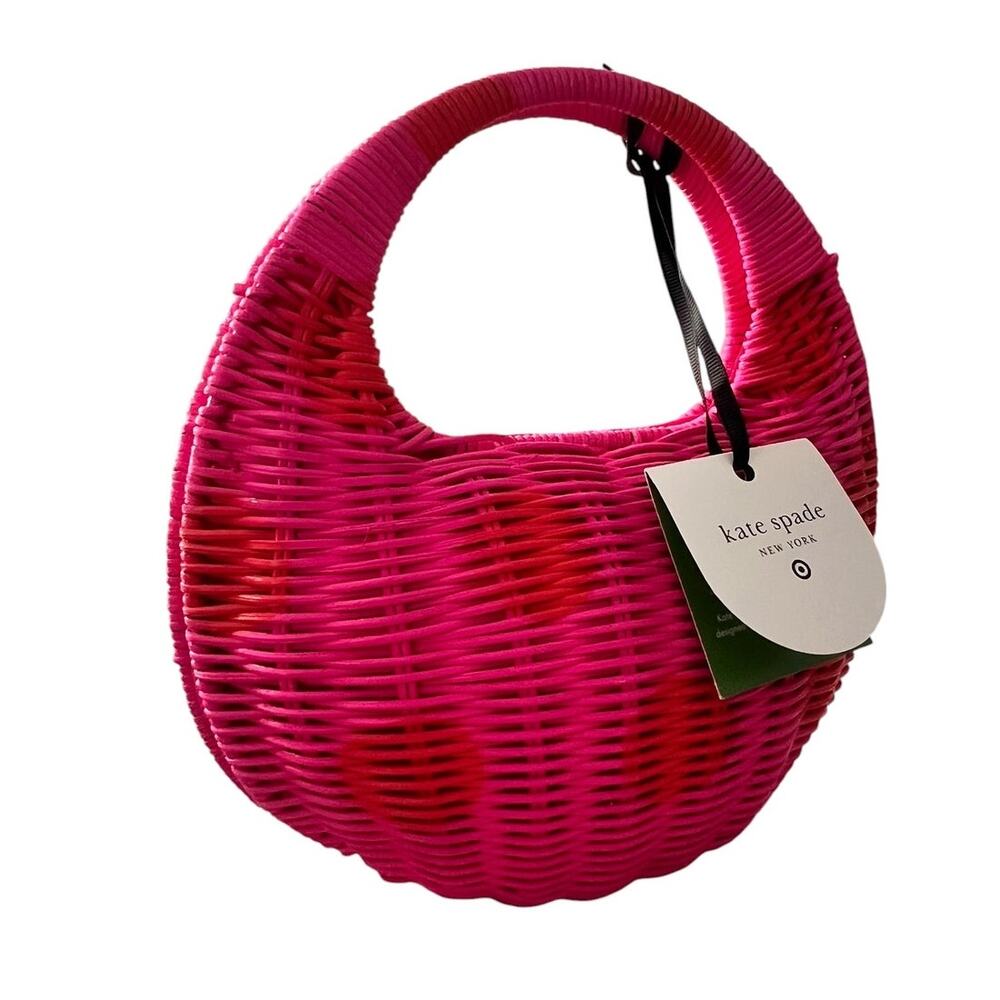 Kate Spade New York x Target NWT Pink Red Polka Dot Woven Straw Crescent Bag - Picture 4 of 6